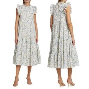 En Saison Eliza Ruffle Sleeve Floral Tiered Midi Dress Eyelet White Women Large